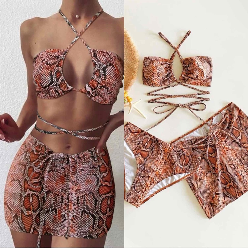 💥 SPRING SALE | NEW 3-Piece Snakeskin Halter Bikini Swimsuit with Coverup Skirt